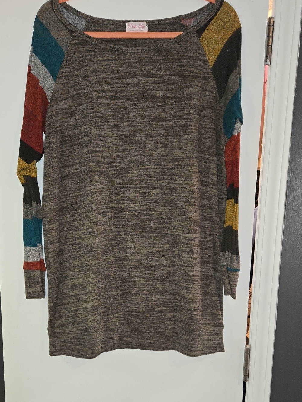 Pink Lily Gray Crewneck Top with Multicolor Striped Raglan Sleeves
